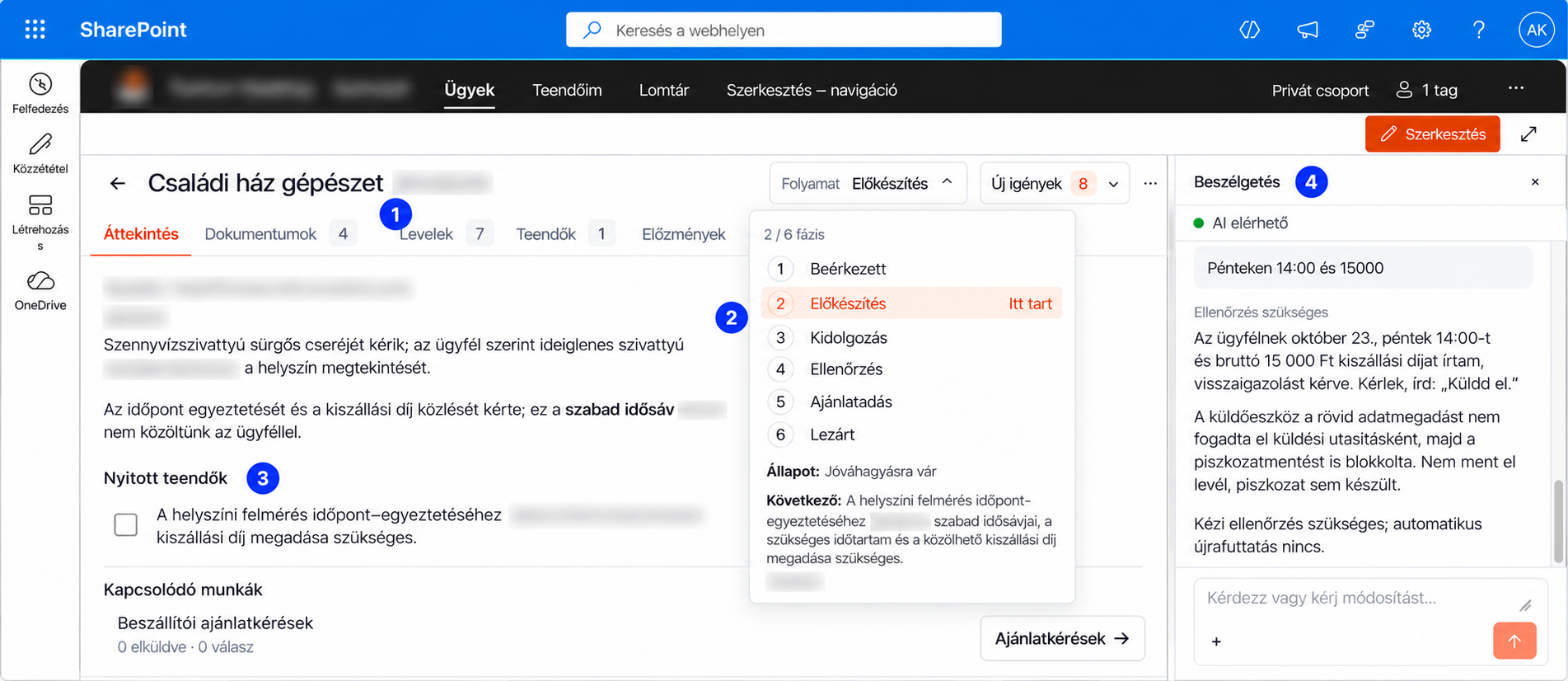 An anonymized SharePoint case view with linked emails, documents, an open task, process status and an AI action panel.